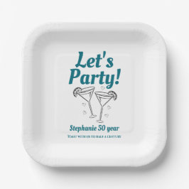Plato De Papel Retro Teal Cocktail Woman's 50th Birthday Party