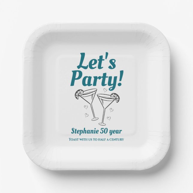Plato De Papel Retro Teal Cocktail Woman's 50th Birthday Party (Anverso)