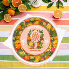 Plato De Papel Retro Tropical Citrus Pickleball Brillante Ducha