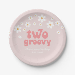 Plato De Papel Retro Two Groovy daisy boho floral segundo cumplea