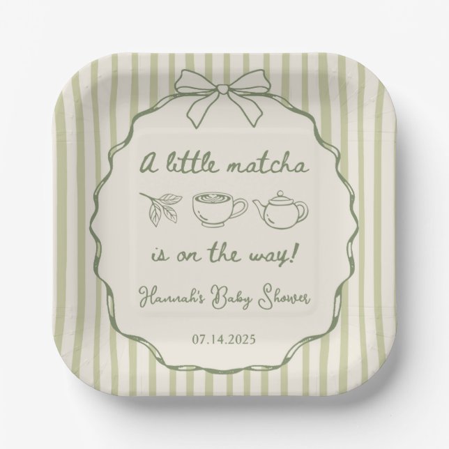 Plato De Papel Retro Un Pequeño Baby Shower De Té Matcha (Anverso)