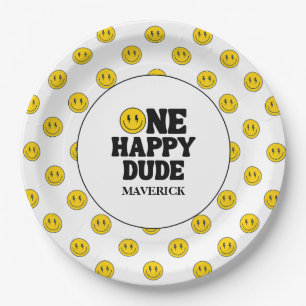 Plato De Papel Retro Uno Chico Feliz Cara Sonriente Cumpleaños Nú