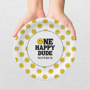 Plato De Papel Retro Uno Chico Feliz Cara Sonriente Cumpleaños Nú