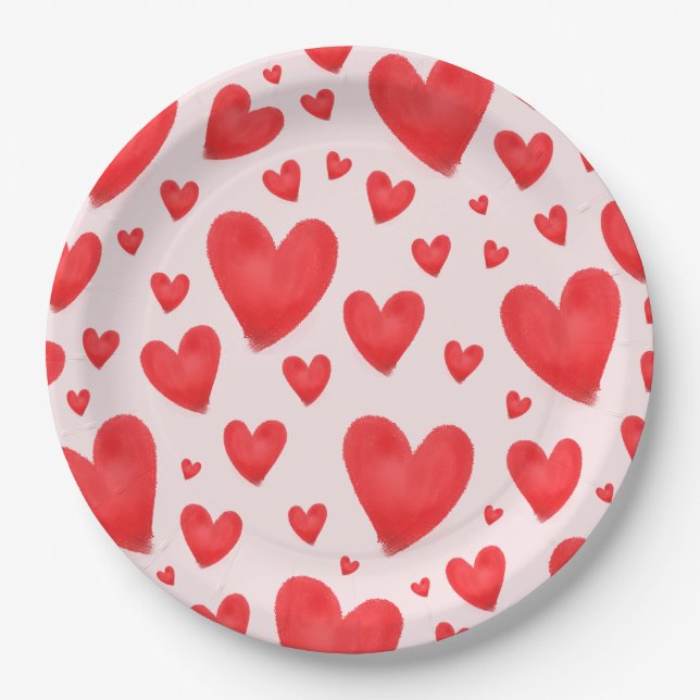 Plato De Papel Retro Valentine Hearts Wedding Red Pink (Anverso)