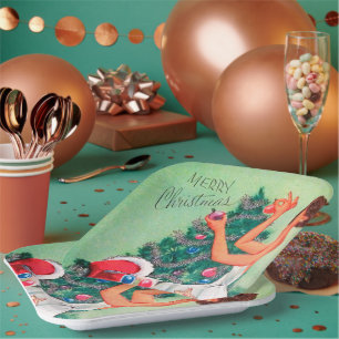 Plato De Papel Retro Vintage Navidad mujer Santa fiesta