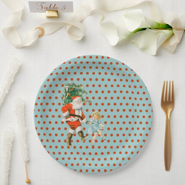 Plato De Papel Retro Vintage Santa & Girl Christmas  (Boda)