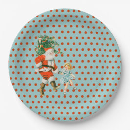 Plato De Papel Retro Vintage Santa & Girl Christmas