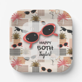 Plato De Papel Retro Vintage Sunglasses Flamingos Palms
