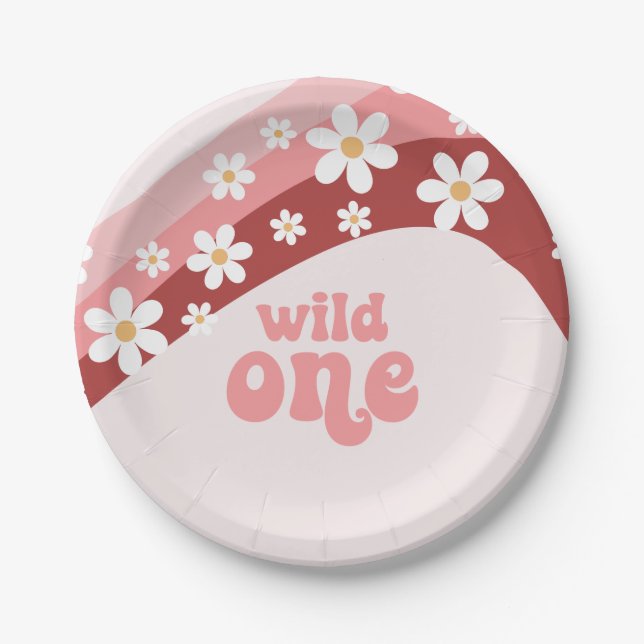 Plato De Papel Retro wild one daisy boho floral primer cumpleaños (Anverso)