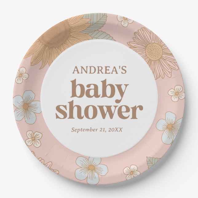 Plato De Papel Retro Wildflower Chica Baby Shower (Anverso)
