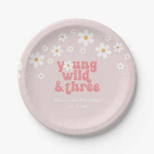 Plato De Papel Retro Young Wild 3 Daisy floral 3º cumpleaños