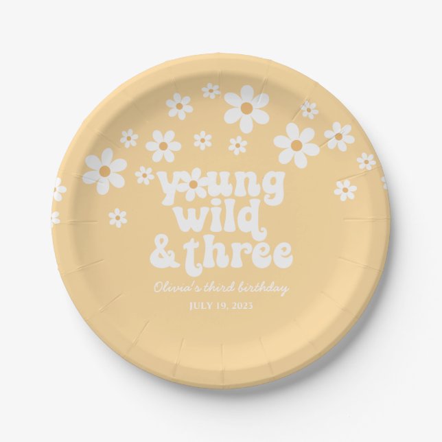 Plato De Papel Retro Young Wild 3 Daisy floral 3º cumpleaños P (Anverso)