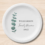 Plato De Papel Reunión de la Familia Eucalyptus Moderna y Elegant<br><div class="desc">Este plato de papel está decorado con un elegante eucalipto acuático con una tipografía elegante. Personalizable fácil. Utilice la Herramienta de diseño para cambiar el tamaño,  estilo o color del texto. Porque creamos nuestra obra de arte no encontrarás esta imagen exacta de otros diseñadores. Acuarela original © Michele Davies.</div>