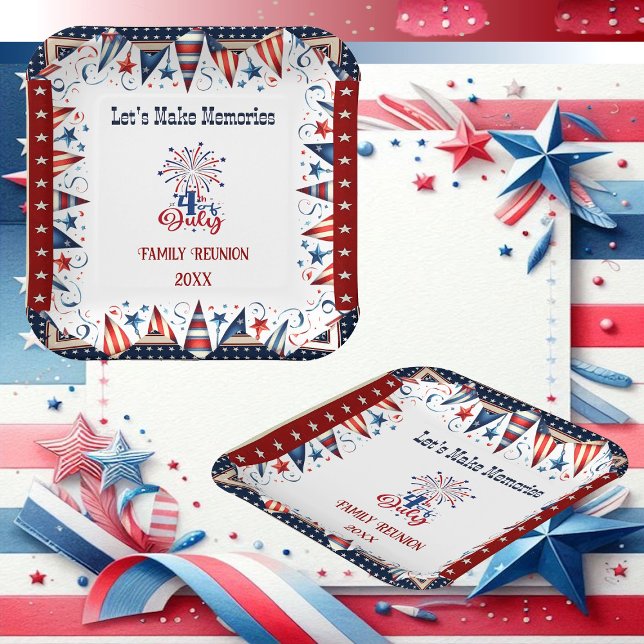 Plato De Papel Reunión familiar 4 de julio Estrellas Firecracker  (Family Reunion 4th July Stars Firecracker Bunting Paper Plates)