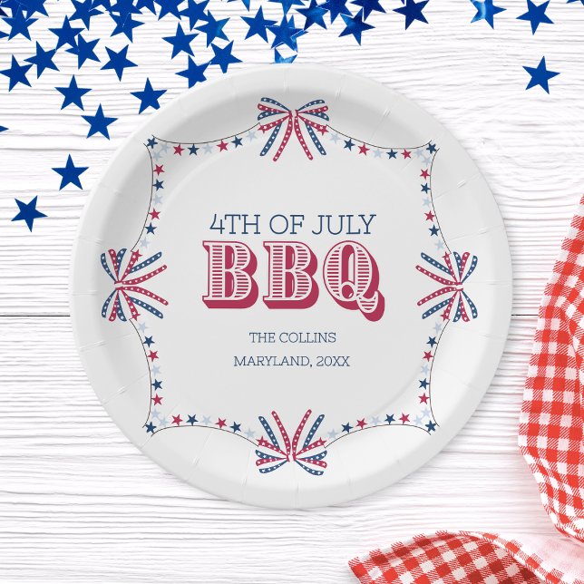 Plato De Papel Reunión familiar moderna BBQ 4 de julio Fiesta de  (Modern Family Reunion BBQ 4th of July Summer Party Paper Plates)