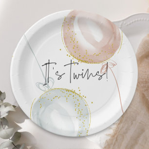 Plato De Papel Revelación de género de gemelos con globo rosa y a