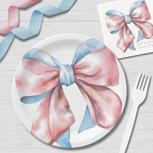 Plato De Papel Revelación de Género de Lazo Azul y Rosa Simple