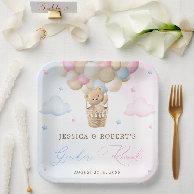 Plato De Papel Revelación de género de oso de peluche rosa y azul (Boda)