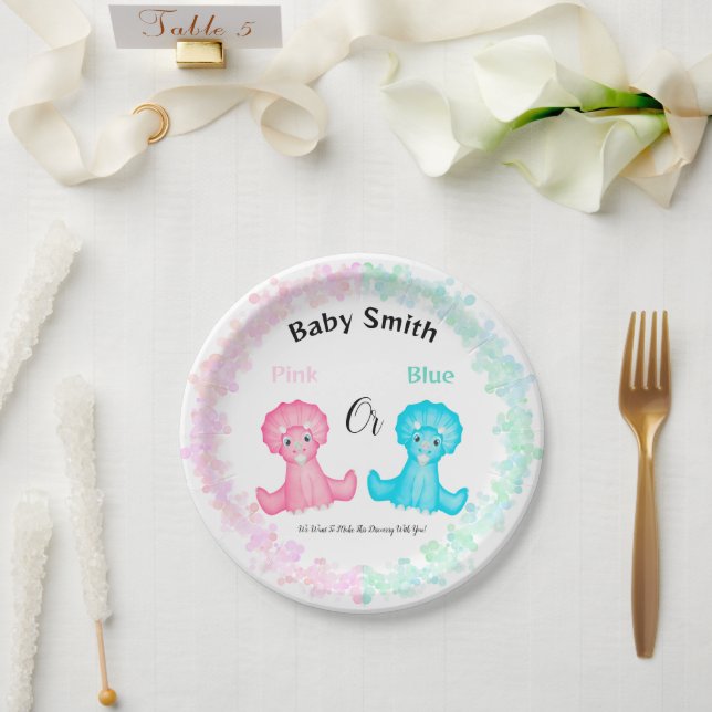 Plato De Papel Revelación de género en Baby Shower de dinosaurios (Boda)