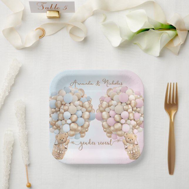 Plato De Papel Revelación de oso de peluche rosa y azul para bebé (Boda)