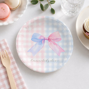 Plato De Papel Revelación del sexo del bebé con lazo de gingham a