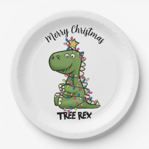 Plato De Papel Rex Dino, árbol verde lindo, ilumina navidad