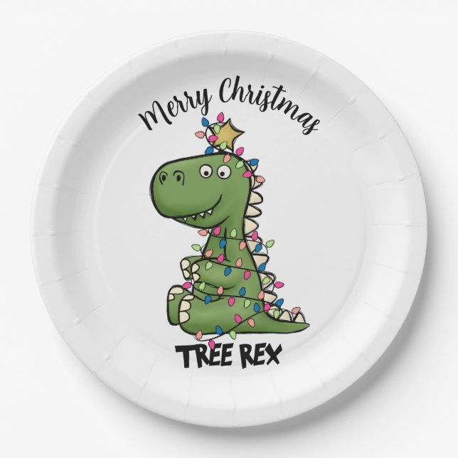 Plato De Papel Rex Dino, árbol verde lindo, ilumina navidad (Anverso)