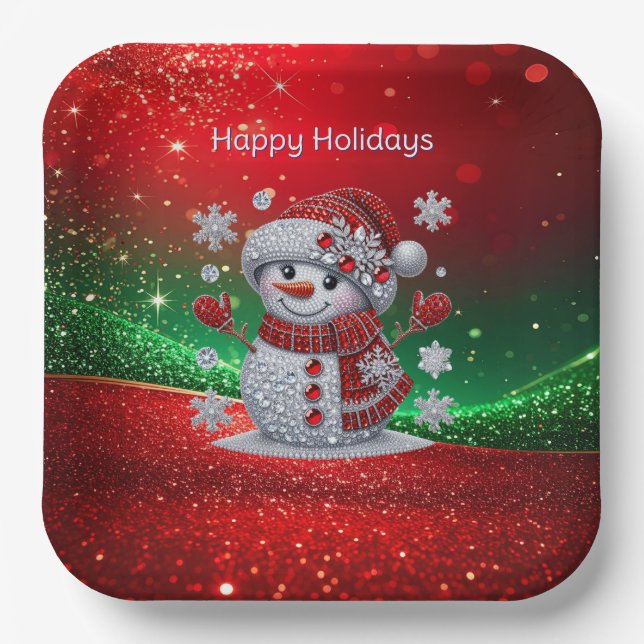 Plato De Papel Rhinestones Snowman Holiday Paper Plate (Anverso)