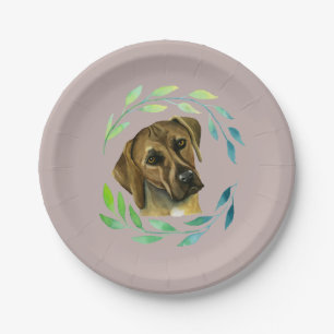 Plato De Papel Rhodesian Ridgeback con una acuarela de la