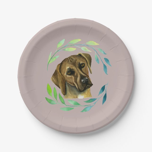 Plato De Papel Rhodesian Ridgeback con una acuarela de la (Anverso)