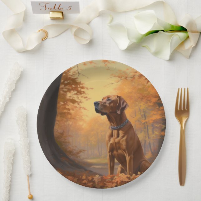 Plato De Papel Rhodesian Ridgeback  en Otoño Hojas que Caen Inspi (Boda)