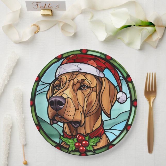 Plato De Papel Rhodesian Ridgeback Navidades de vidrio manchado (Boda)