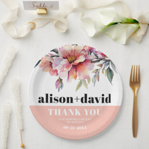 Plato De Papel Rhododendron con flores tipografía en negrita boda