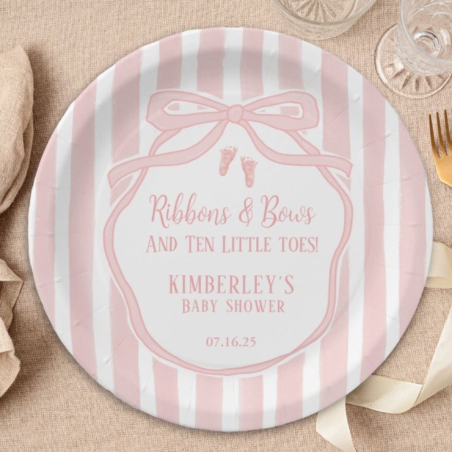 Plato De Papel Ribbons Bows Ten Little Toes Bow Girl Baby Shower (Subido por el creador)