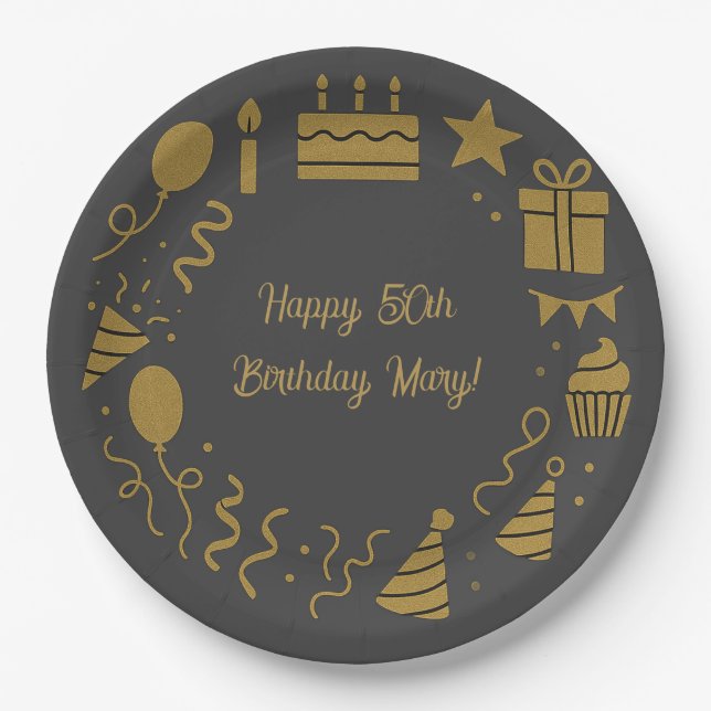 Plato De Papel Rico Carbón Suave - Cumpleaños Lujoso Oro (Anverso)