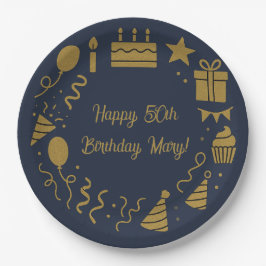 Plato De Papel Rico Navy Medianoche - Cumpleaños Lujoso Oro