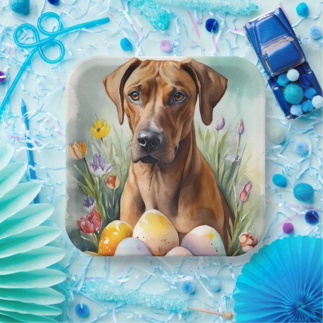 Plato De Papel Ridgeback Perro Rhodés con festividad de huevos de (Fiesta)