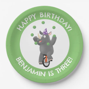 Plato De Papel Rinoceronte gracioso en unicycle en cumpleaños per