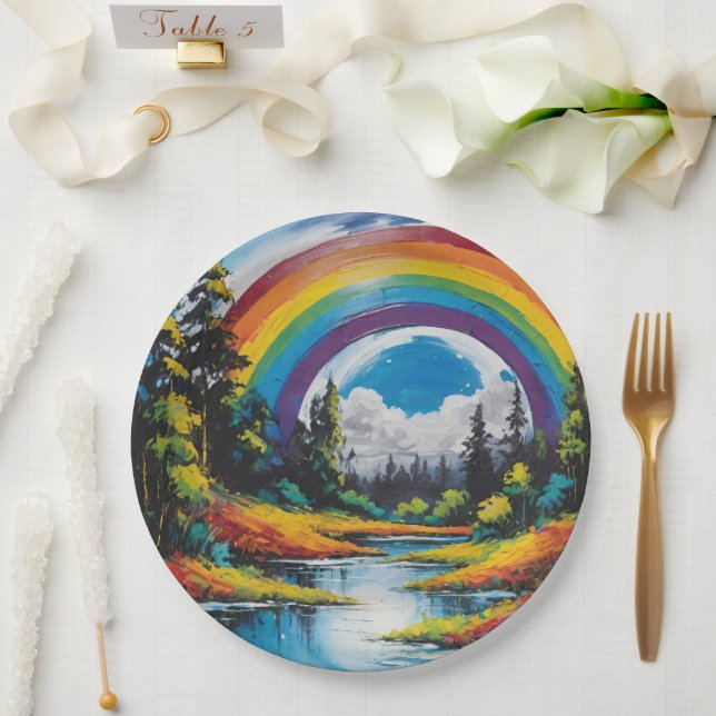 Plato De Papel Río Forestal Natural Al Aire Libre Y Arcoiris (Boda)