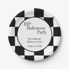 Plato De Papel RIP Halloween Black and White Check Party