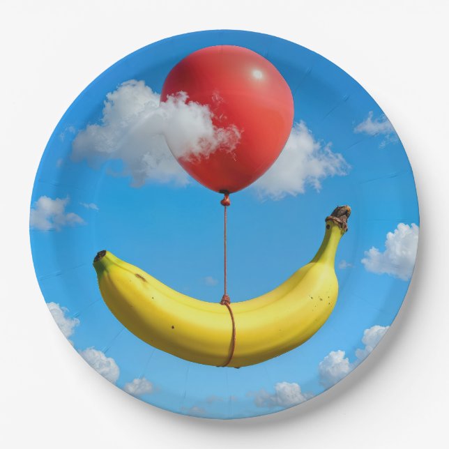 Plato De Papel Ripe Banana Floating In Sky with Red Balloon (Anverso)