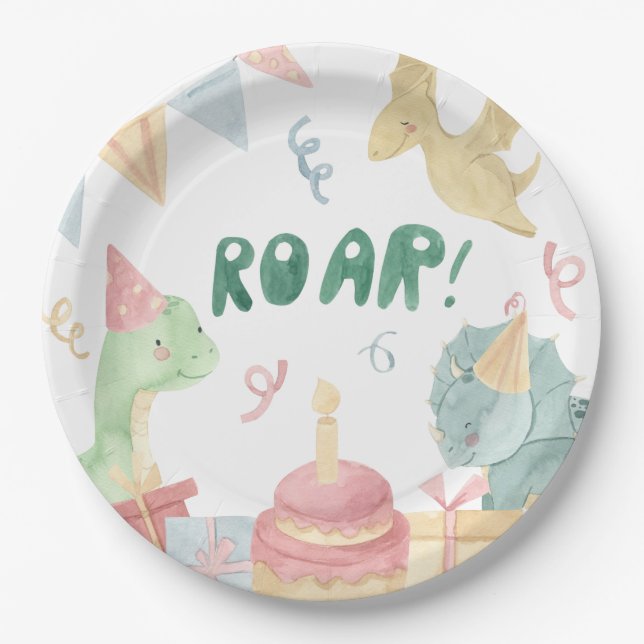 Plato De Papel Roar Dinosoar Birthday Plates Dino Birthday Party (Anverso)