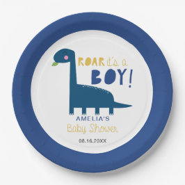 Plato De Papel Roar es un niño Dinosaur Baby Shower Cute Blue