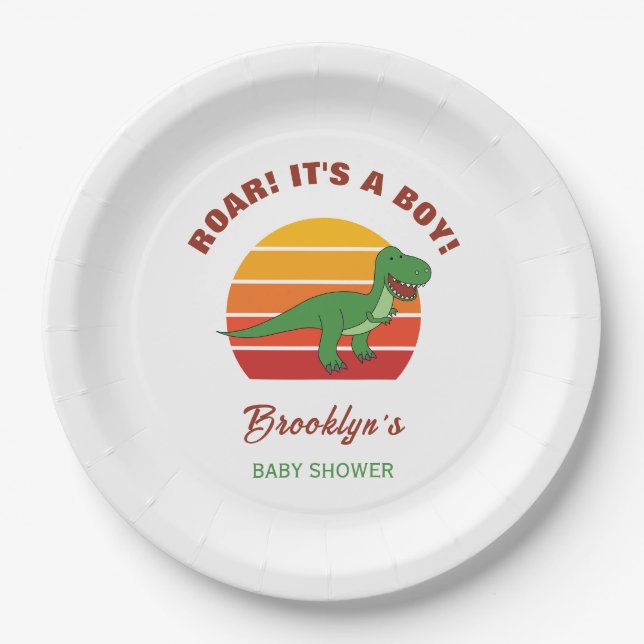 Plato De Papel Roar Es Un Niño Dinosaurio Baby Shower Retro Sunse (Anverso)