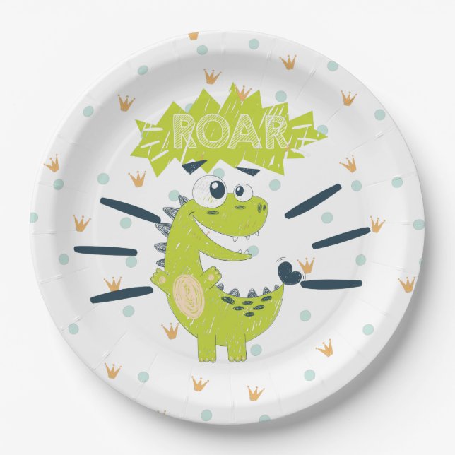 Plato De Papel ROAR green Dinosaur Birday Paper Placa (Anverso)