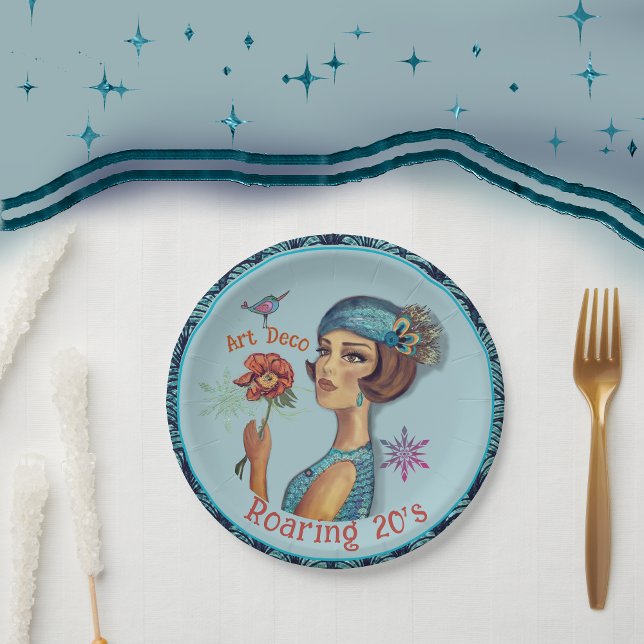 Plato De Papel Roaring Art Deco Blue de los años 20 (Roaring 20's Art Deco Blue Paper Plates)