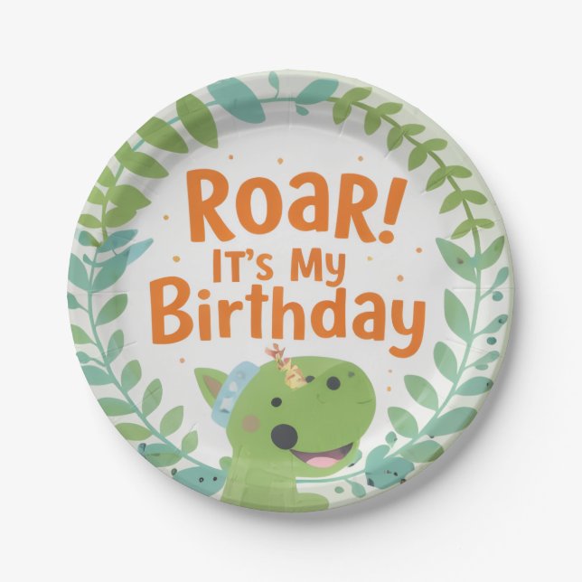 Plato De Papel Roaring Dinosaur Birthday Party Paper Plates (Anverso)