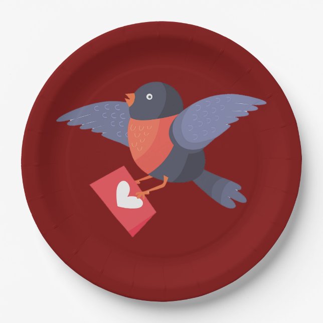 Plato De Papel Robin Bird Flying with Red Heart Love Letter (Anverso)