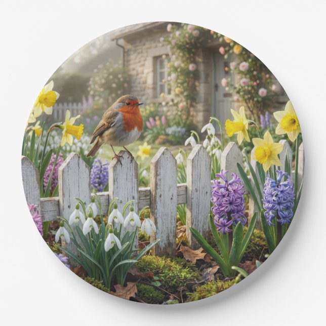 Plato De Papel Robin On a Spring Garden Picket Fence (Anverso)