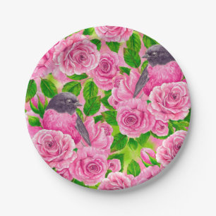 Plato De Papel Robin rosado y rosas
